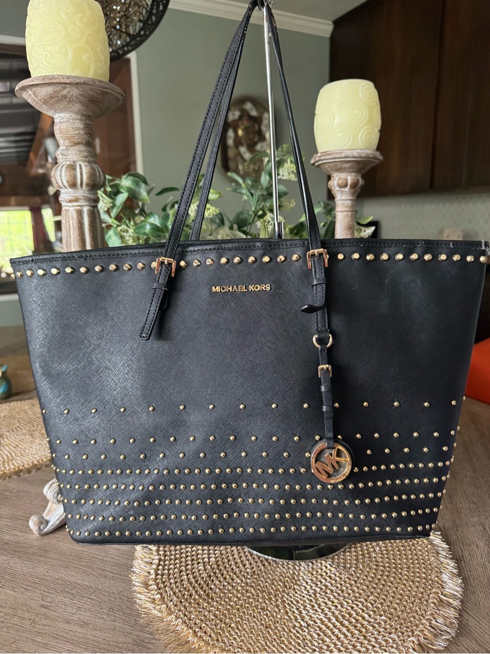 Michael Kors Black Leather Studded Large Tote with Gold Hardware in GUC